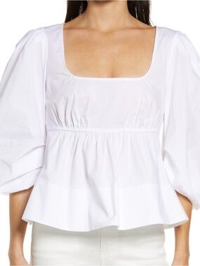 STAUD White Square-Neck Peplum Blouse with Puff Sleeves
